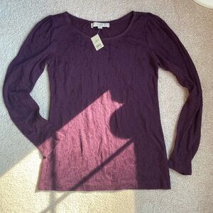 NWT Loft XS cotton blend purple plum eggplant Long Sleeve Lace Tee top
